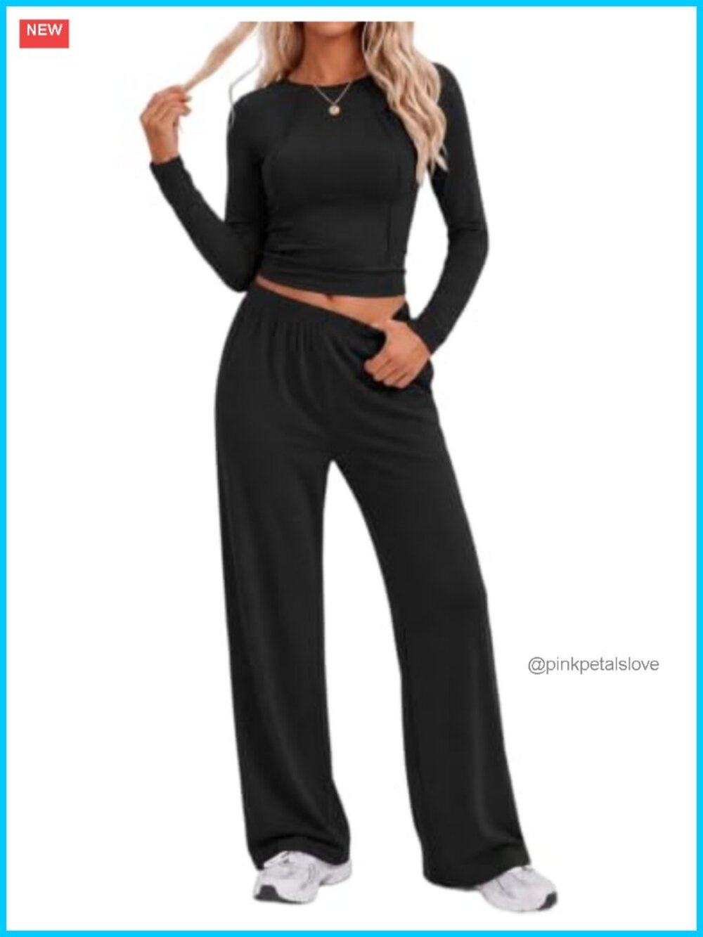 Two Piece Lounge Set Crew Neck Top Wide Leg Pants 95% Polyester 5% Spandex
